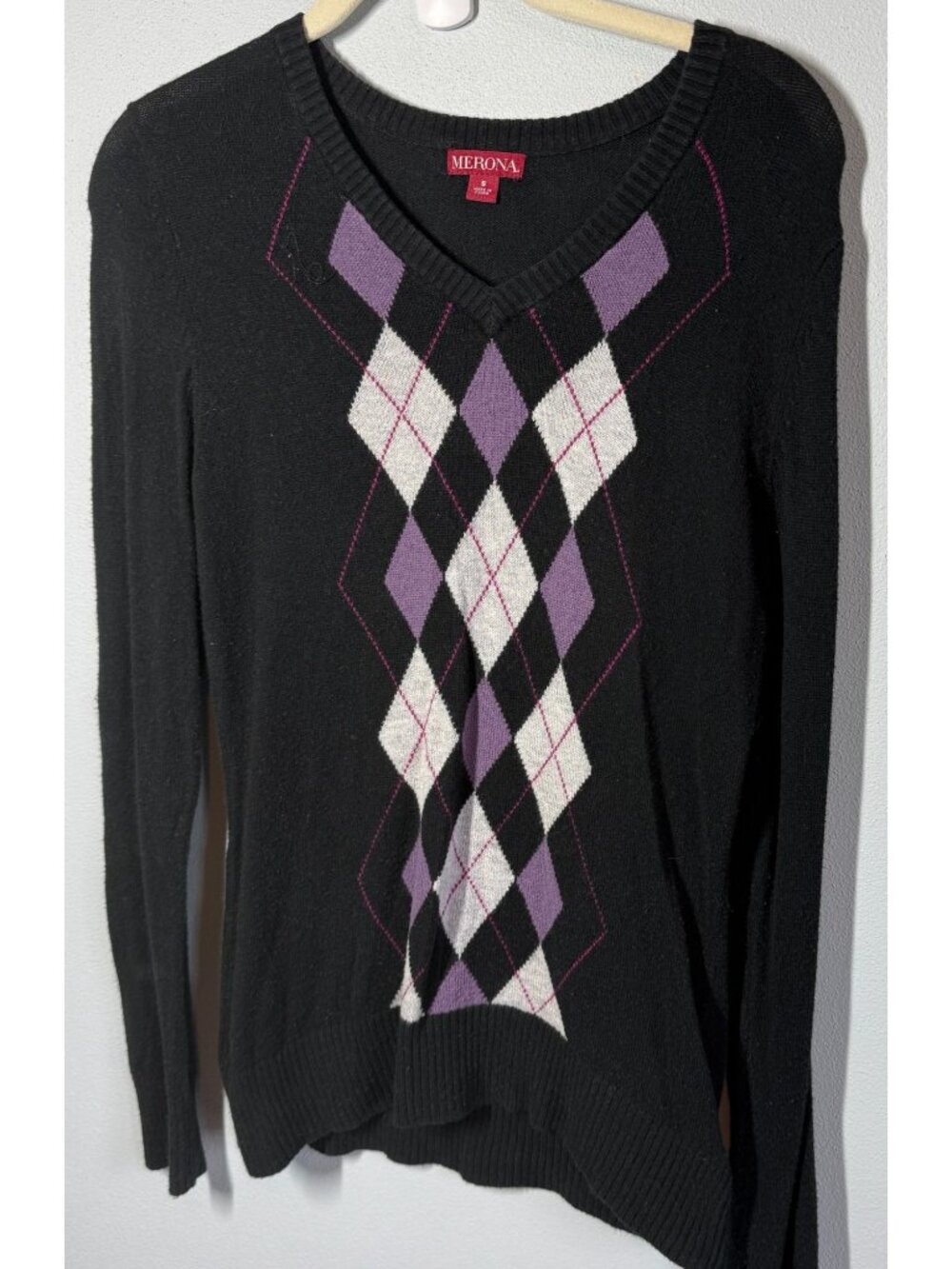 Y2K Merona Womens Medium Black/Purple Argyle Sweater V Neck Preppy Academia